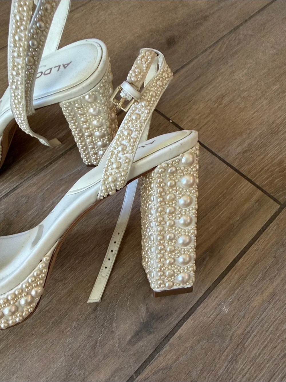 ALDO Pearl-Trim Ivory Block Heel Sandals